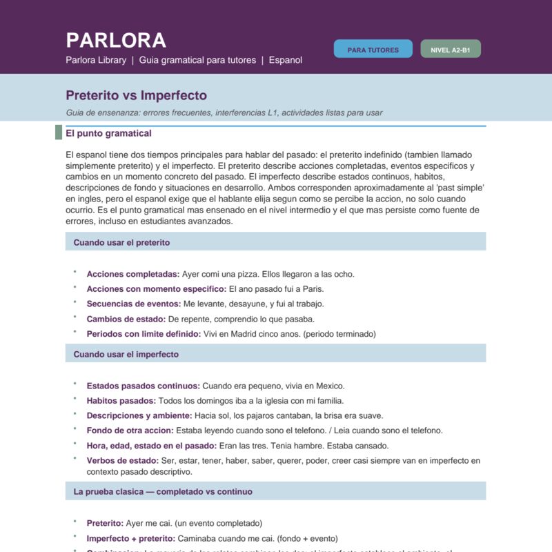 Pretérito vs Imperfecto: Guia de ensenanza