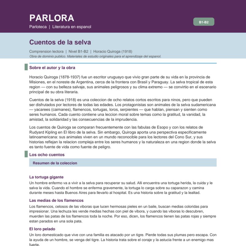 Cuentos de la Selva: Reading Comprehension B1-B2
