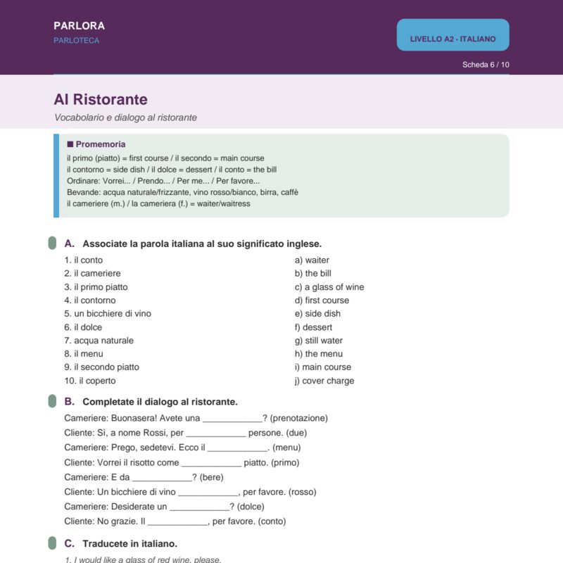 Al Ristorante: Restaurant Vocabulary and Dialogue