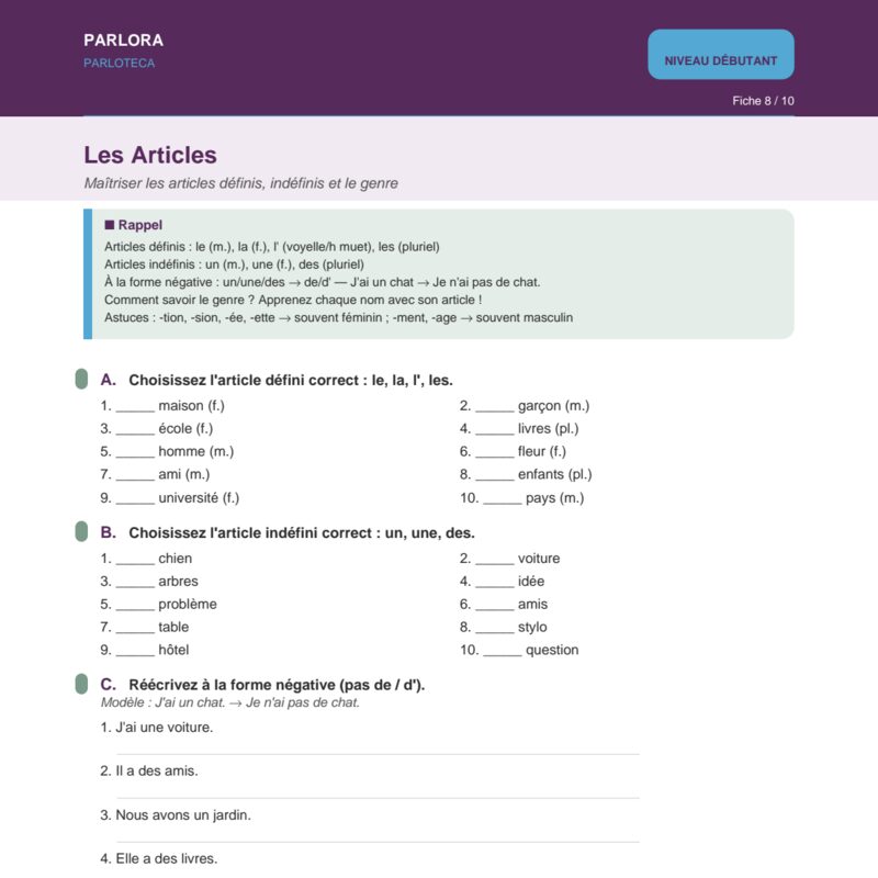 Les Articles: Mastering Definite and Indefinite Articles and Gender