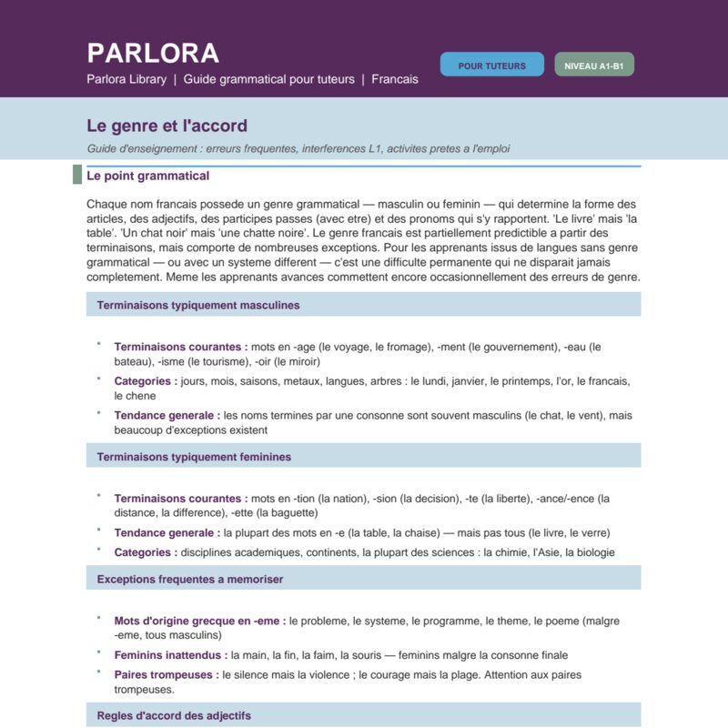 Gender and Agreement in French - Guide d'enseignment