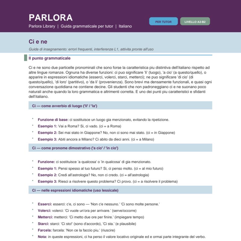 The particles 'Ci' and 'Ne': Guida di insegnamento