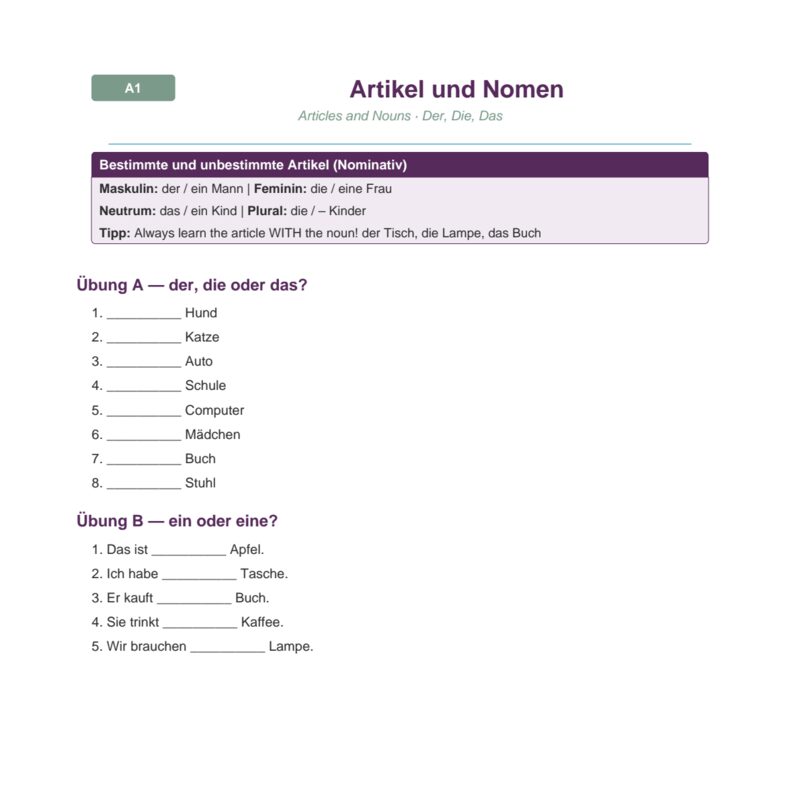 Artikel und Nomen – Articles and Nouns