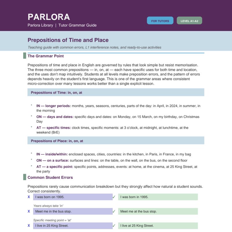 Prepositions of Time and Place (Teaching Guide)
