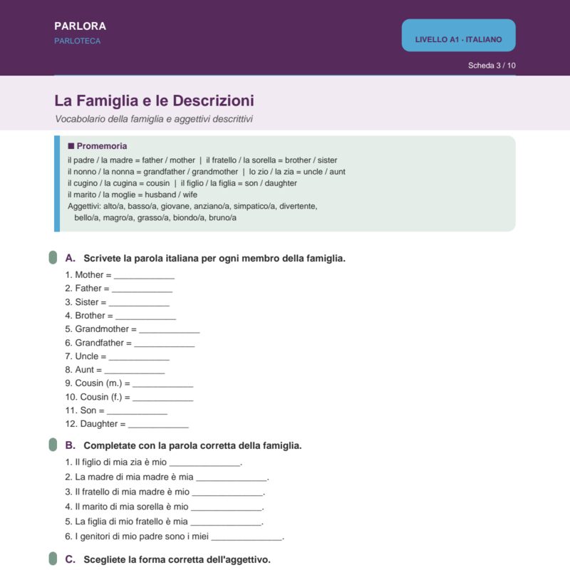 Family and Descriptions (A1 Italian)