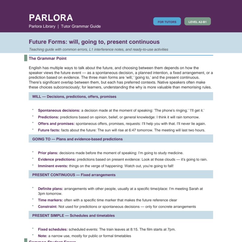 Future Forms: will, going to, present continuous (Teaching Guide)