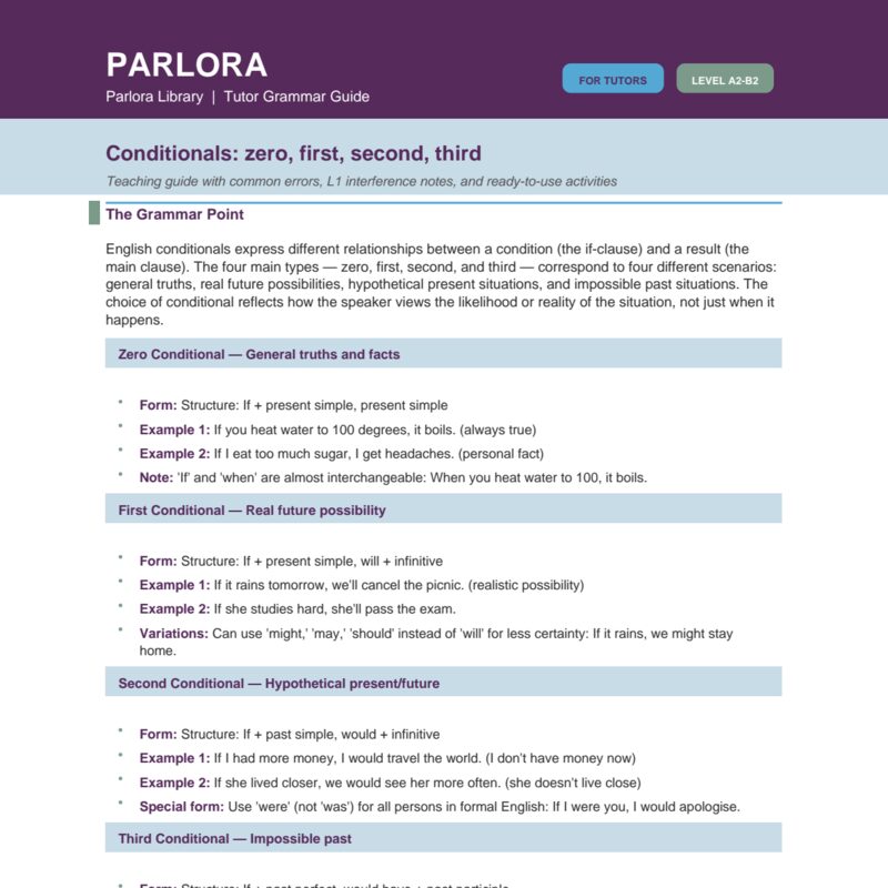 Conditionals: Zero, First, Second, Third - Teachers Guide