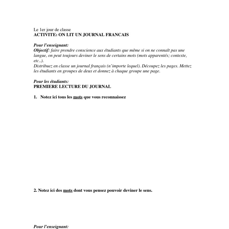 On Lit un Journal Français: Newspaper Reading Activity