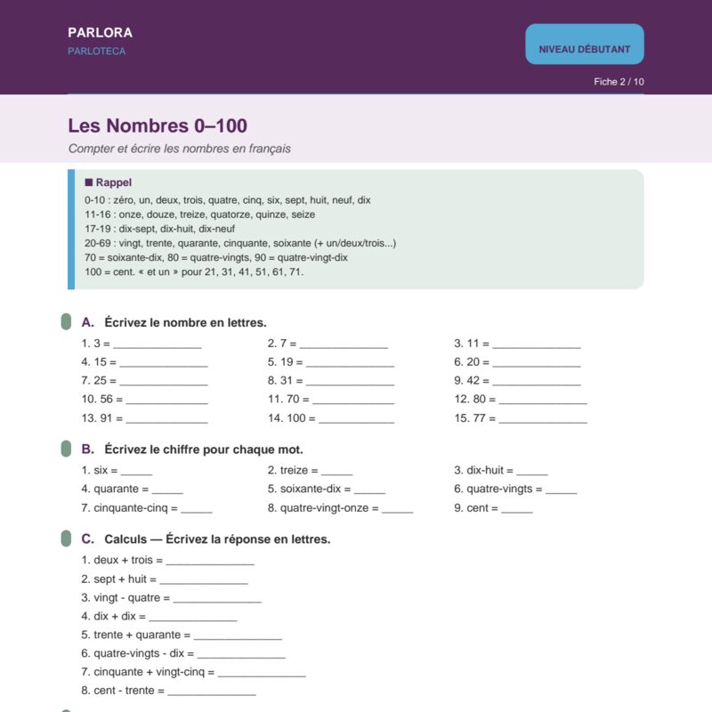 French Numbers 0-100