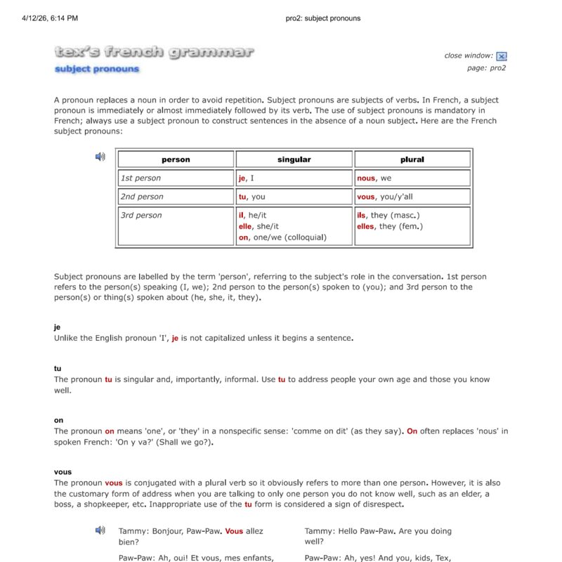 Tex’s French Grammar - subject pronouns