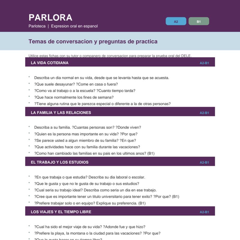 Spanish Oral Expression Practice Topics and Questions (A2-B1)