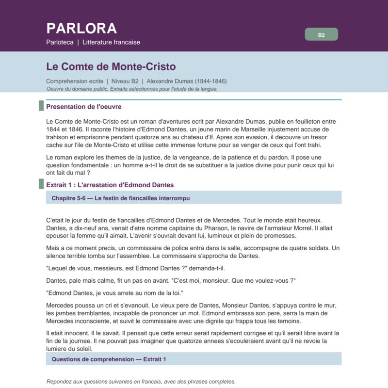 Le Comte de Monte-Cristo: Guided Reading and Comprehension