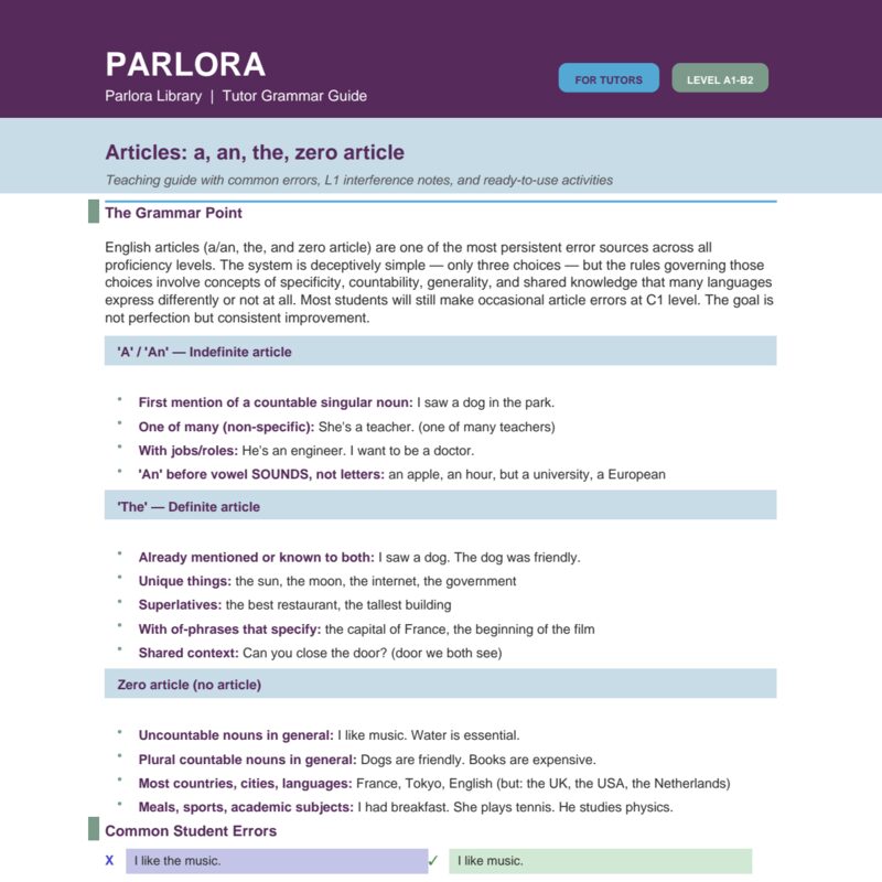 Articles: a, an, the, zero article (Teaching Guide)