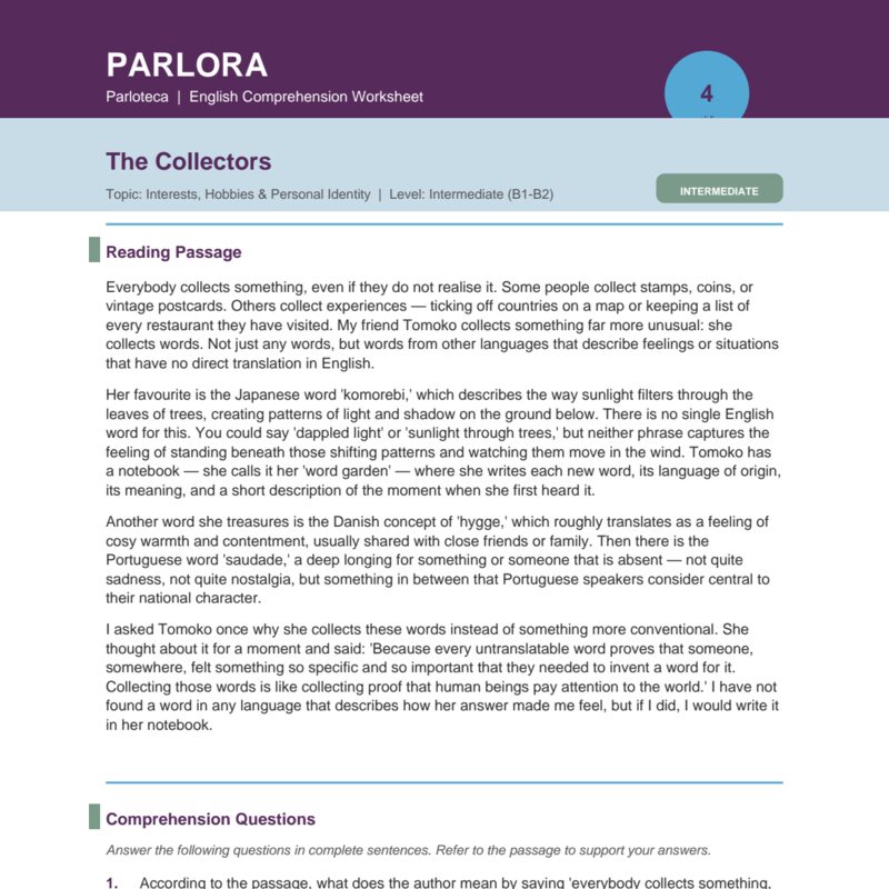 The Collectors: English Comprehension Worksheet