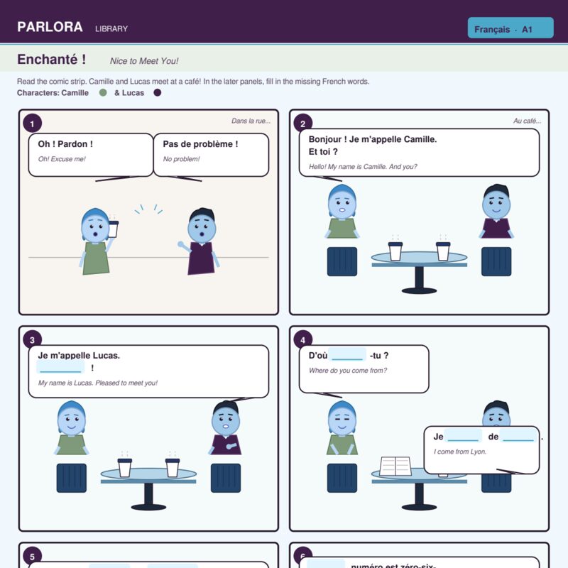 Enchanté! Nice to Meet You! - French A1 Introductions Comic