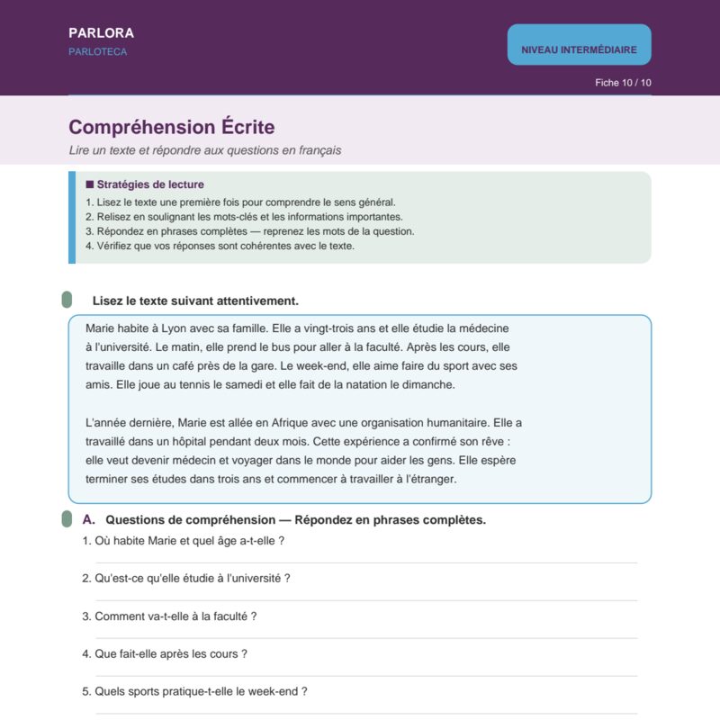 Compréhension Écrite: Le Rêve de Marie