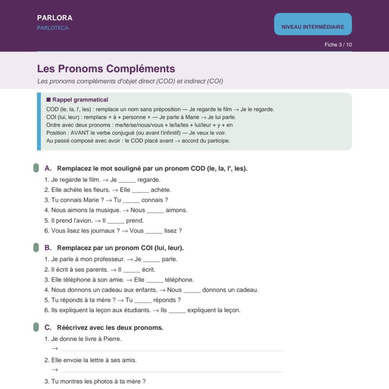 French Object Pronouns (COD and COI) Explained and Practiced