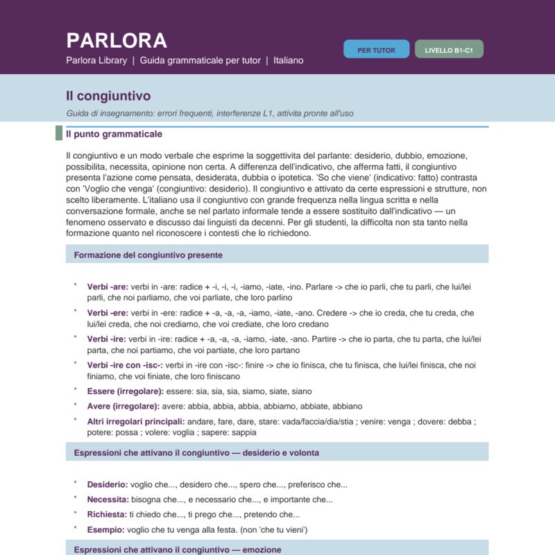 Italian Subjunctive Mood: Guida di insegnamento