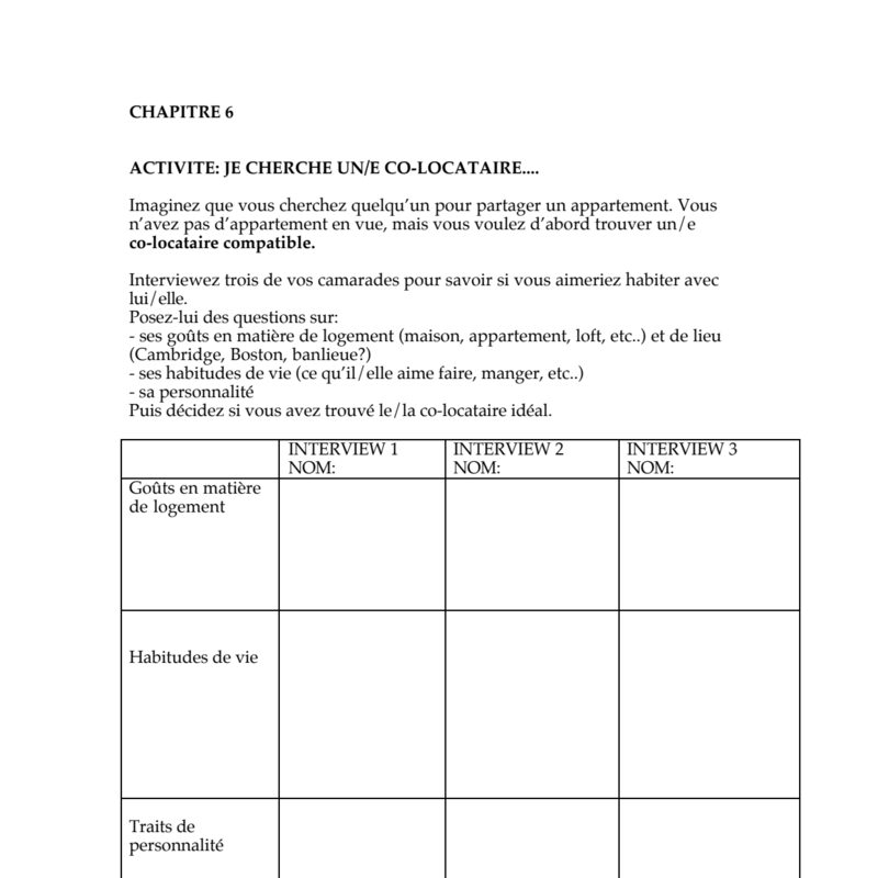 Je Cherche Un/e Co-locataire (Looking for a Roommate) Activity