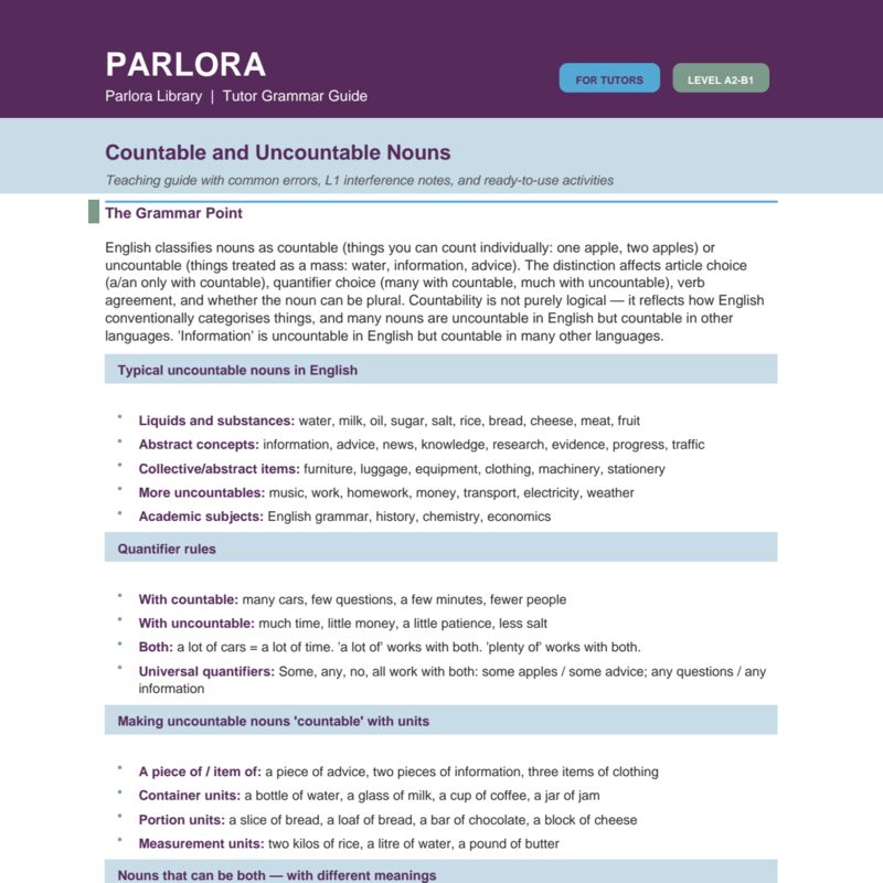 Countable and Uncountable Nouns - A Tutor's Grammar Guide