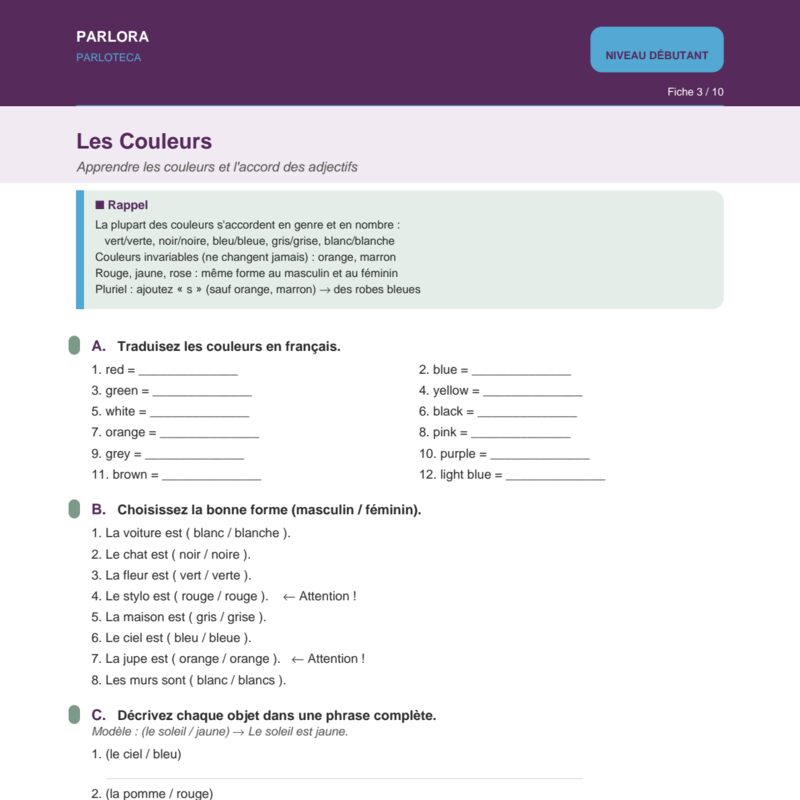Les Couleurs: Agreement of Adjectives and Colors