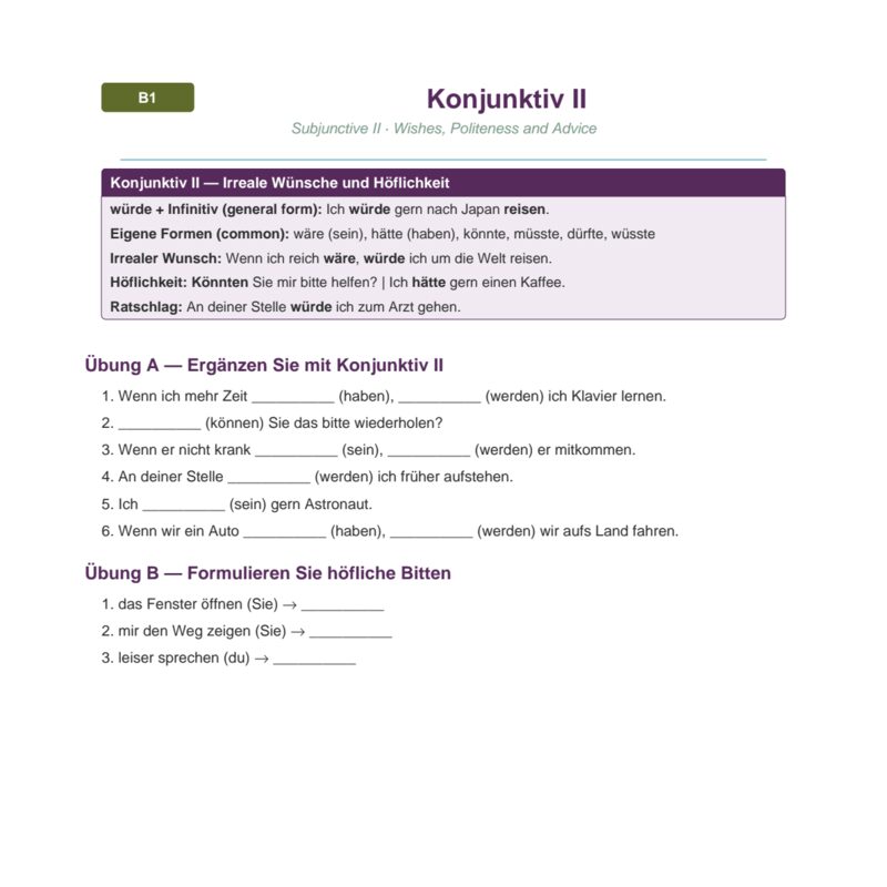Konjunktiv II – Irreale Wünsche und Höflichkeit
