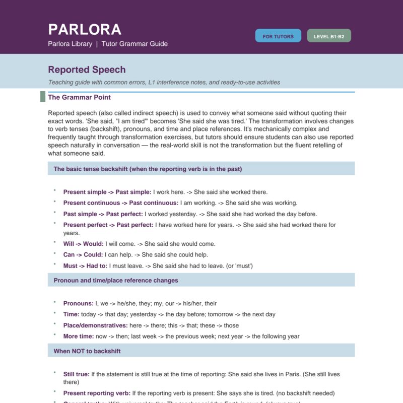 Reported Speech Grammar Guide for Tutors (B1-B2)