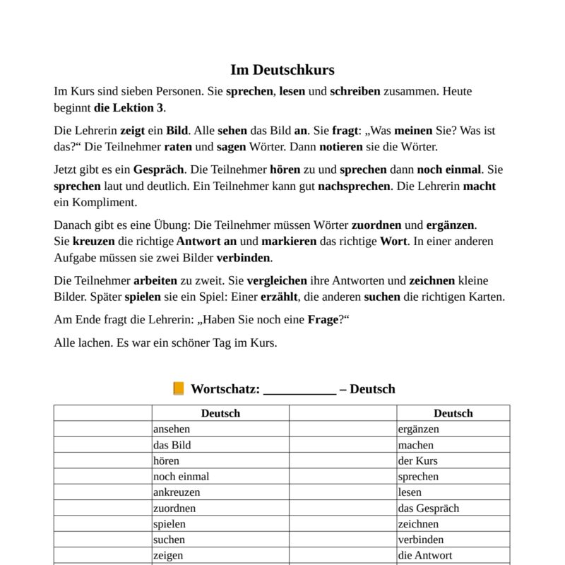 German Classroom Vocabulary, Verbs and Question Words Practice