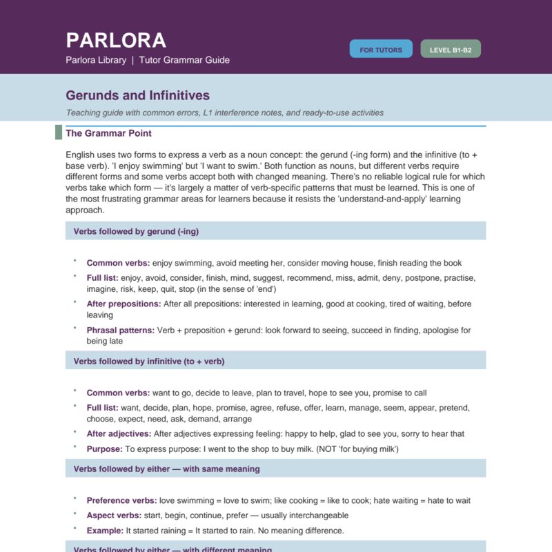 Gerunds and Infinitives: A Tutor's Grammar Guide