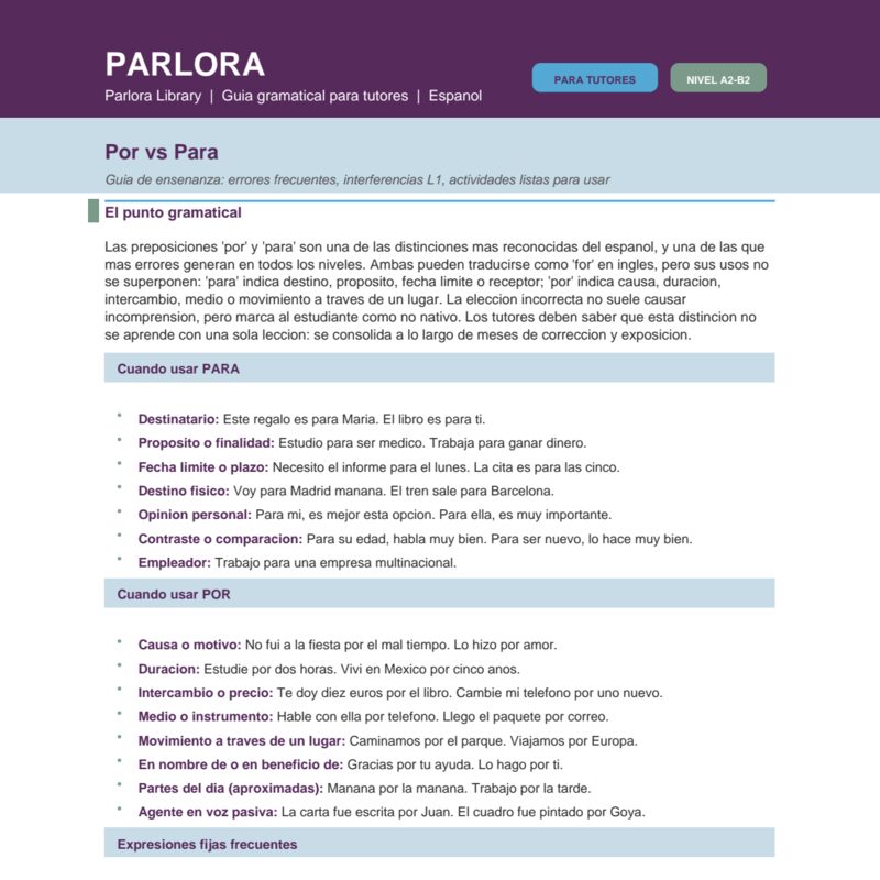 Por vs. Para: Guia de ensenanza