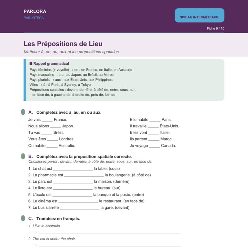 Prepositions of Place: Mastering à, en, au, aux and Spatial Prepositions