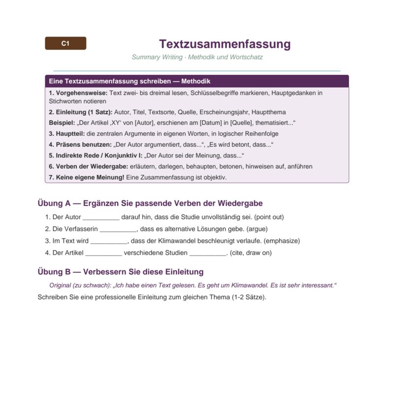Textzusammenfassung auf C1-Niveau