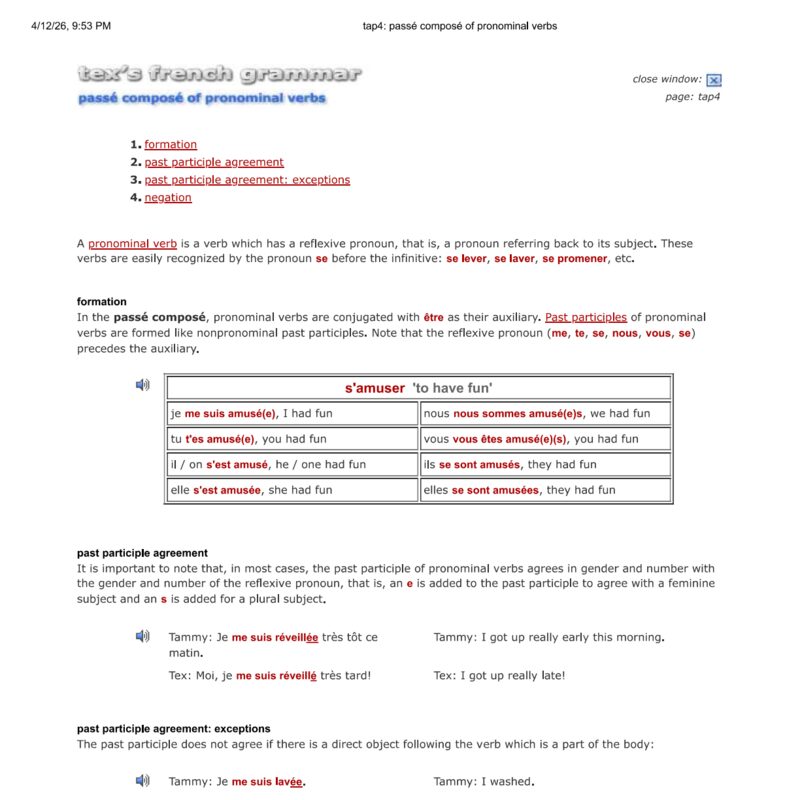 Tex’s French Grammar - passe compose pronominaux