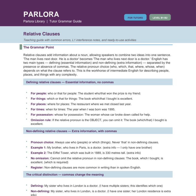 Relative Clauses: A Tutor's Grammar Guide