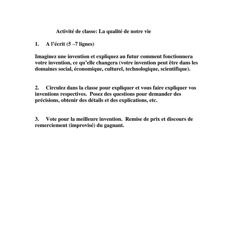French II:  - La qualite de notre vie