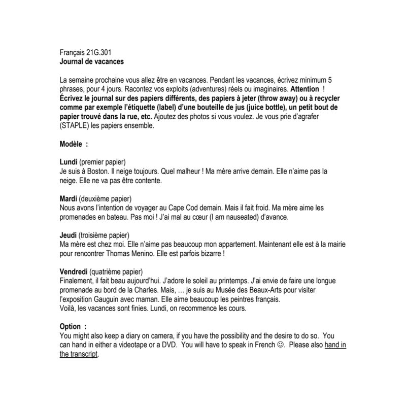 Vacation Journal Writing Assignment