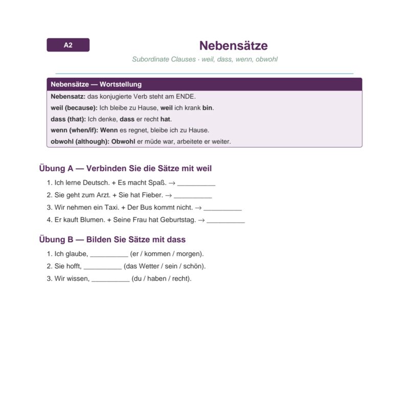 Nebensätze – Subordinate Clauses