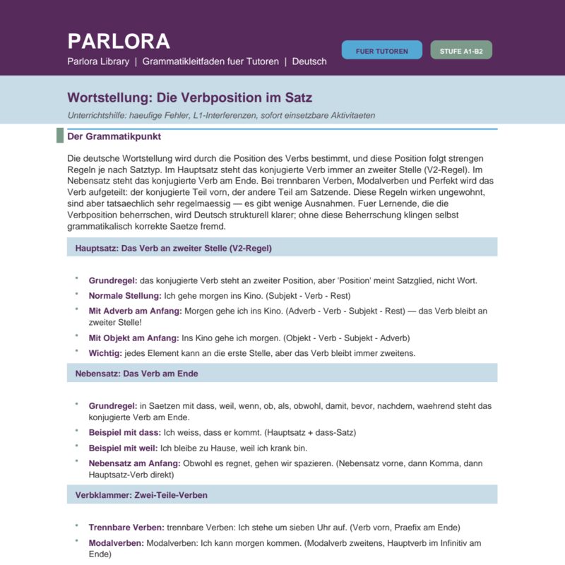 Wortstellung: Die Verbposition im Satz - Unterrichtshilfe: