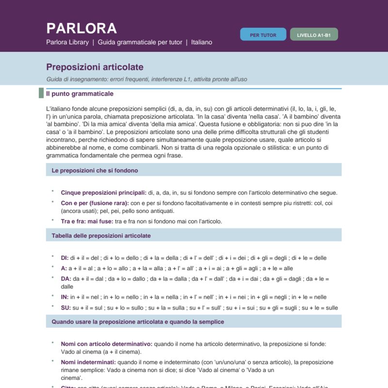 Articulated Prepositions in Italian: Guida di insegnamento