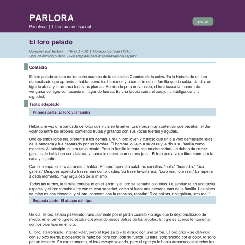 El Loro Pelado: Reading Comprehension and Vocabulary