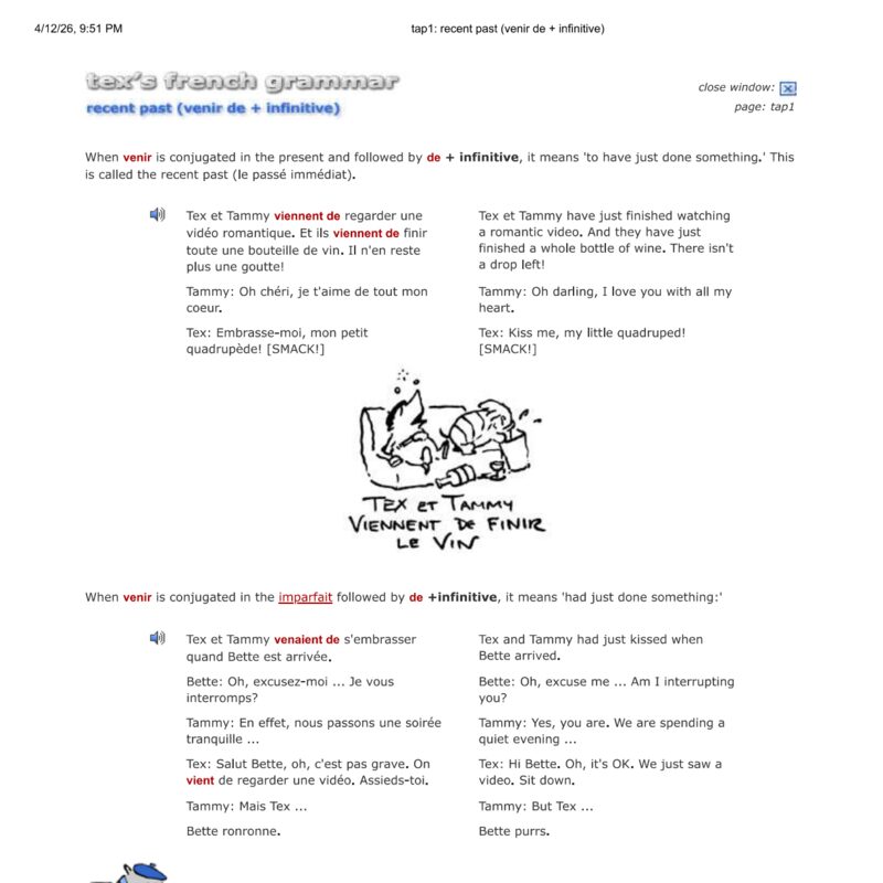 Tex’s French Grammar - Recent past - venir de