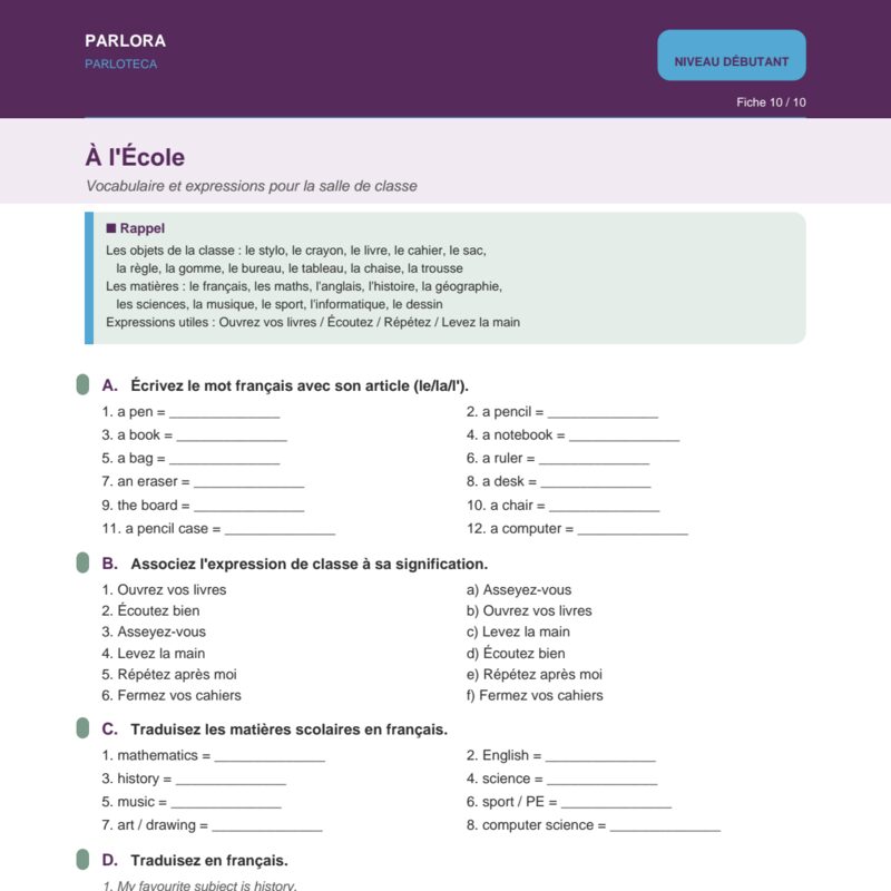 At School: Classroom Vocabulary and Expressions