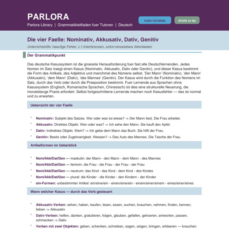 The Four Cases: Nominative, Accusative, Dative, Genitive in German - Unterrichtshilfe:
