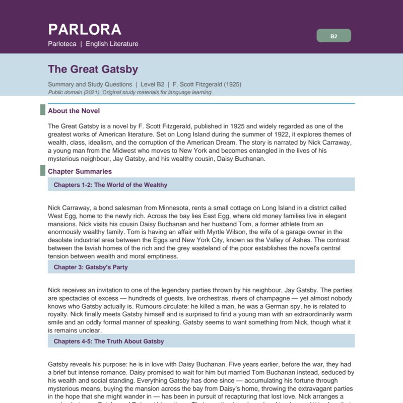 The Great Gatsby: Summary, Study Questions, and Vocabulary