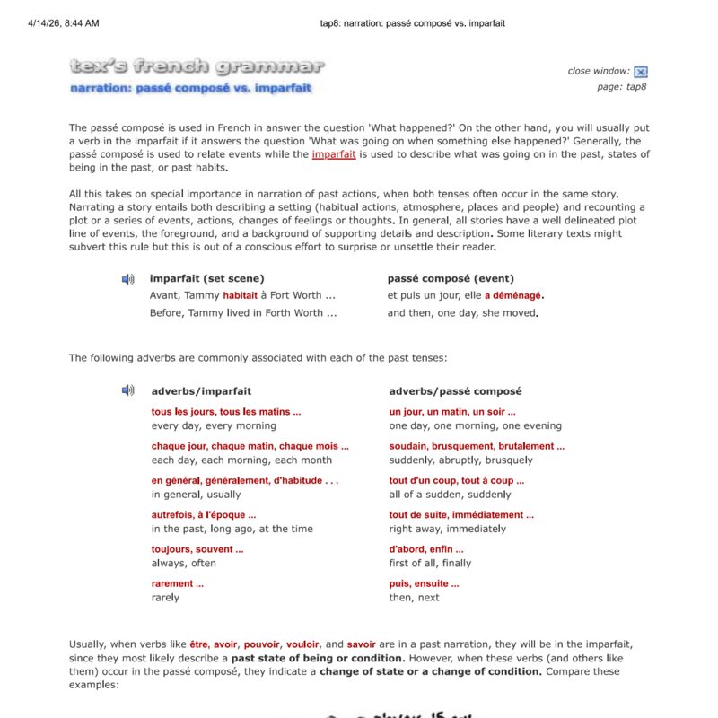 Tex’s French Grammar - narration - passe compose vs imparfait