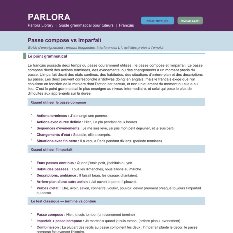 Passé Composé vs Imparfait - Guide d'enseignement