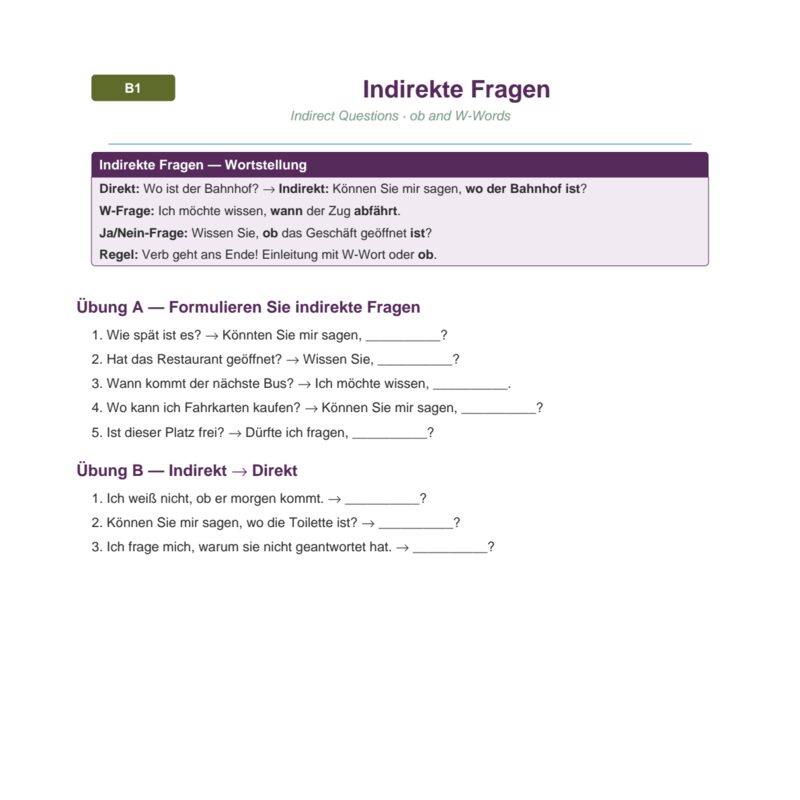 Indirekte Fragen – Indirect Questions