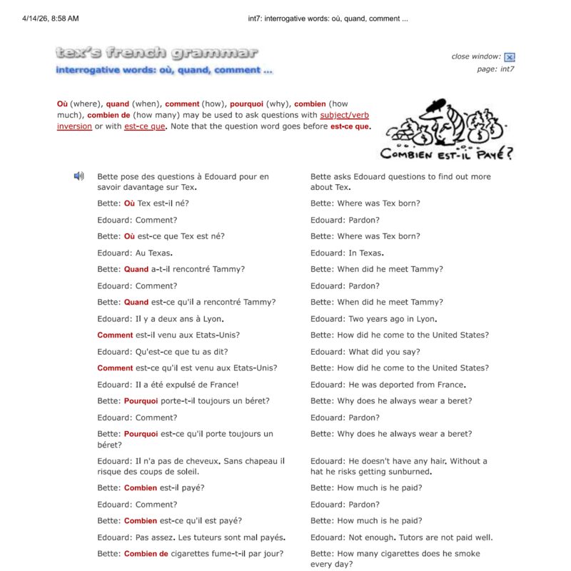 Tex’s French Grammar - interrogative words - ou, quand, comment