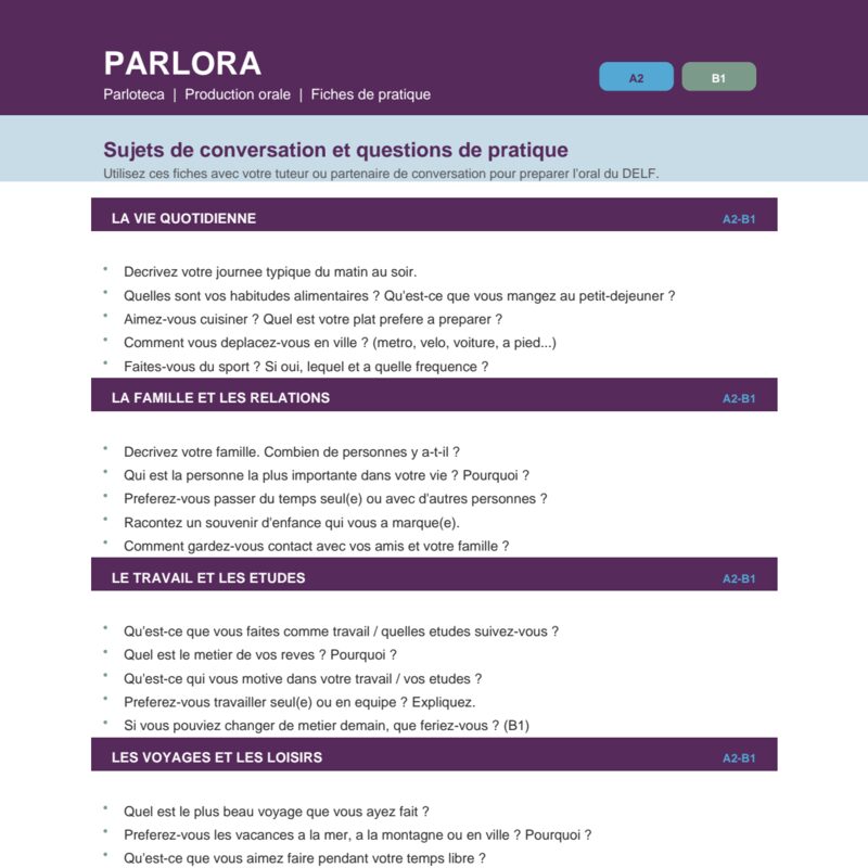 Oral Production Practice: Conversation Topics for DELF A2-B1