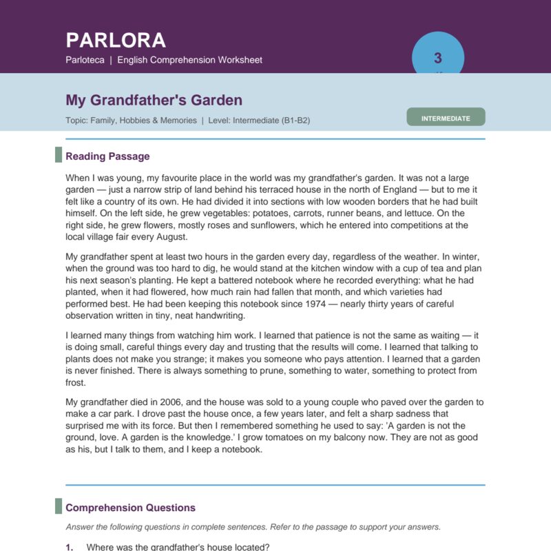 My Grandfather's Garden: Reading Comprehension